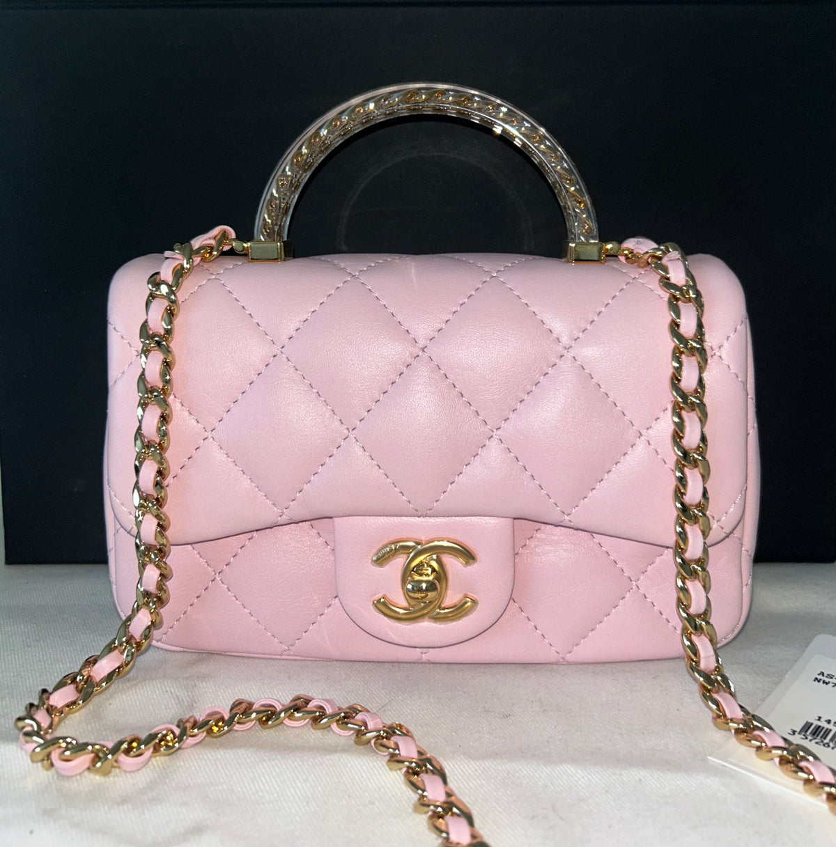 CHANEL 24S Mini Top Handle Flap Bag Quilted Lambskin Rose Light Pink