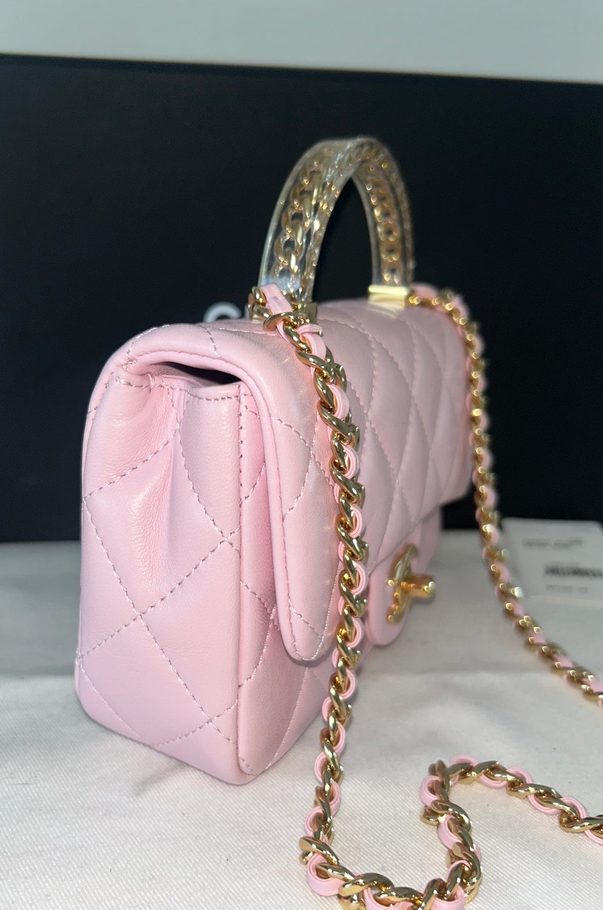 CHANEL 24S Mini Top Handle Flap Bag Quilted Lambskin Rose Light Pink