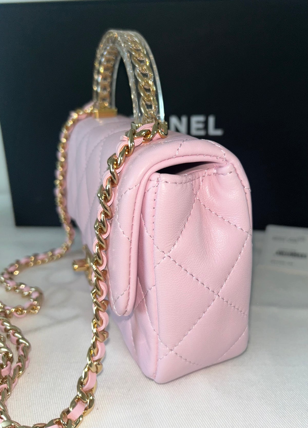 CHANEL 24S Mini Top Handle Flap Bag Quilted Lambskin Rose Light Pink
