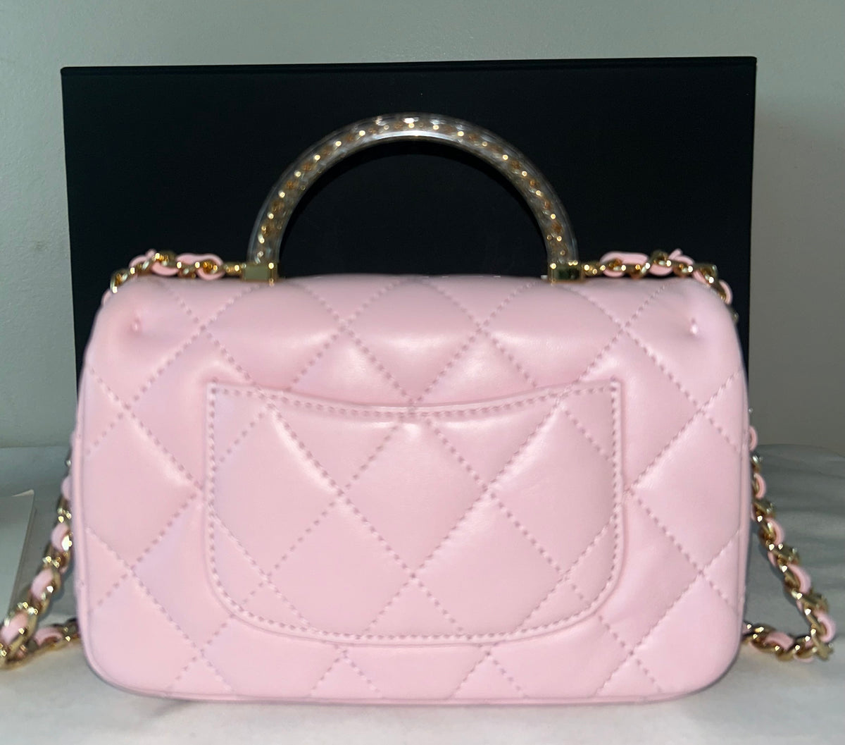 CHANEL 24S Mini Top Handle Flap Bag Quilted Lambskin Rose Light Pink