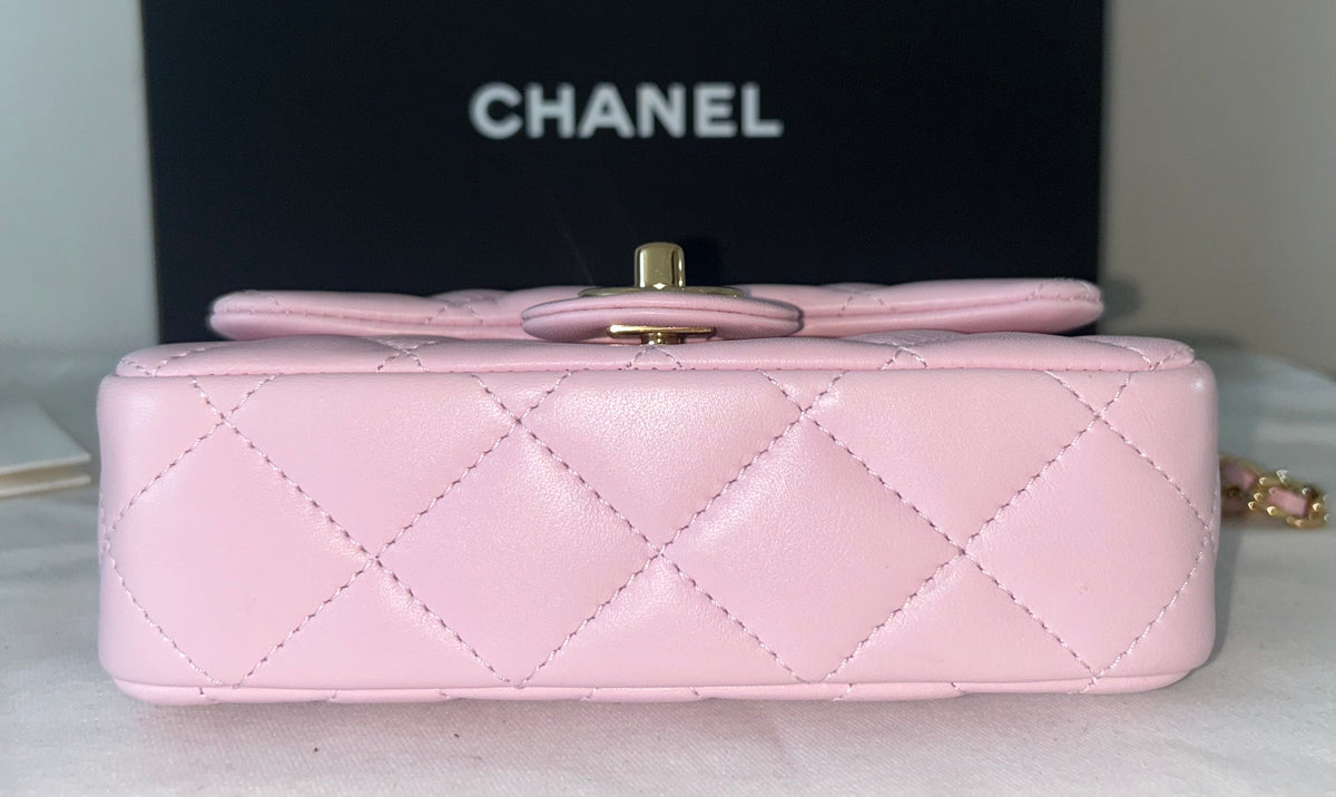 CHANEL 24S Mini Top Handle Flap Bag Quilted Lambskin Rose Light Pink