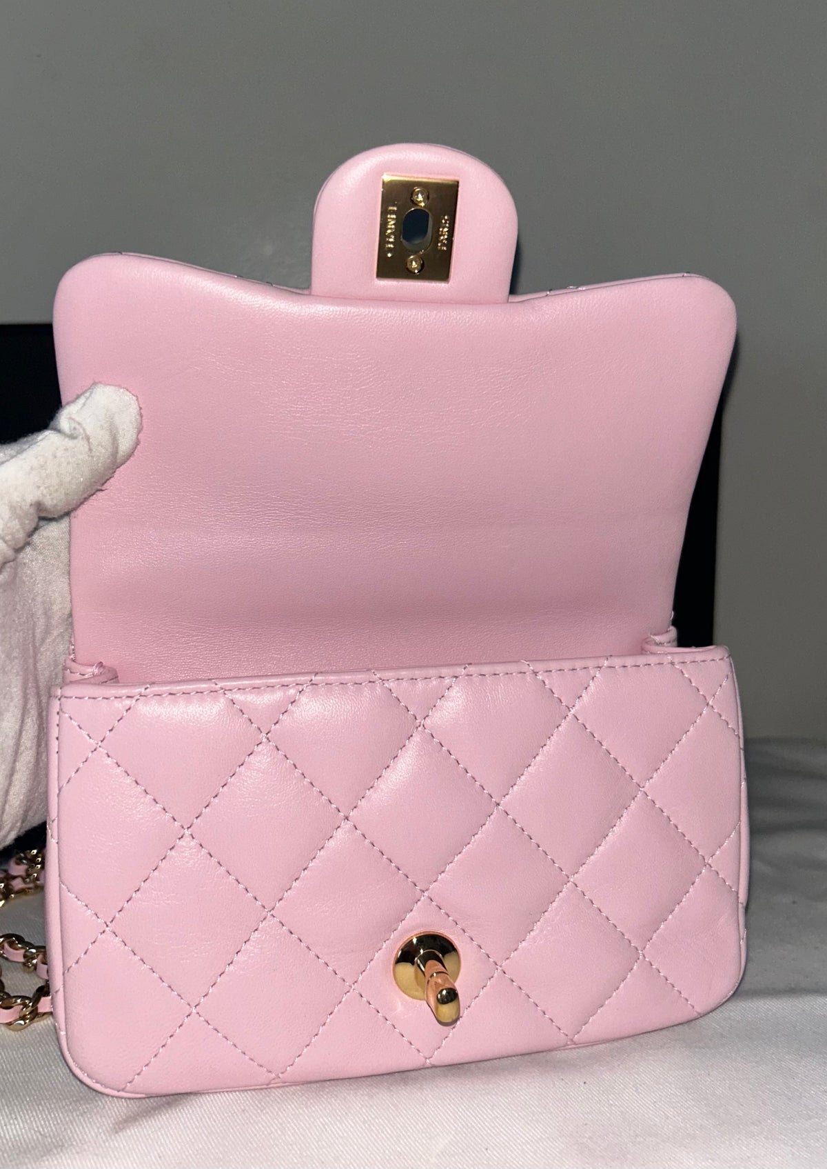 CHANEL 24S Mini Top Handle Flap Bag Quilted Lambskin Rose Light Pink