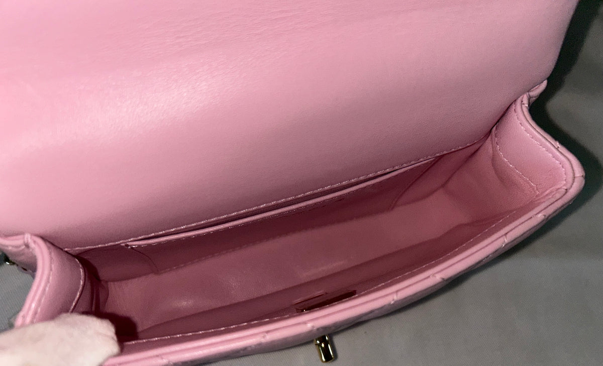 CHANEL 24S Mini Top Handle Flap Bag Quilted Lambskin Rose Light Pink