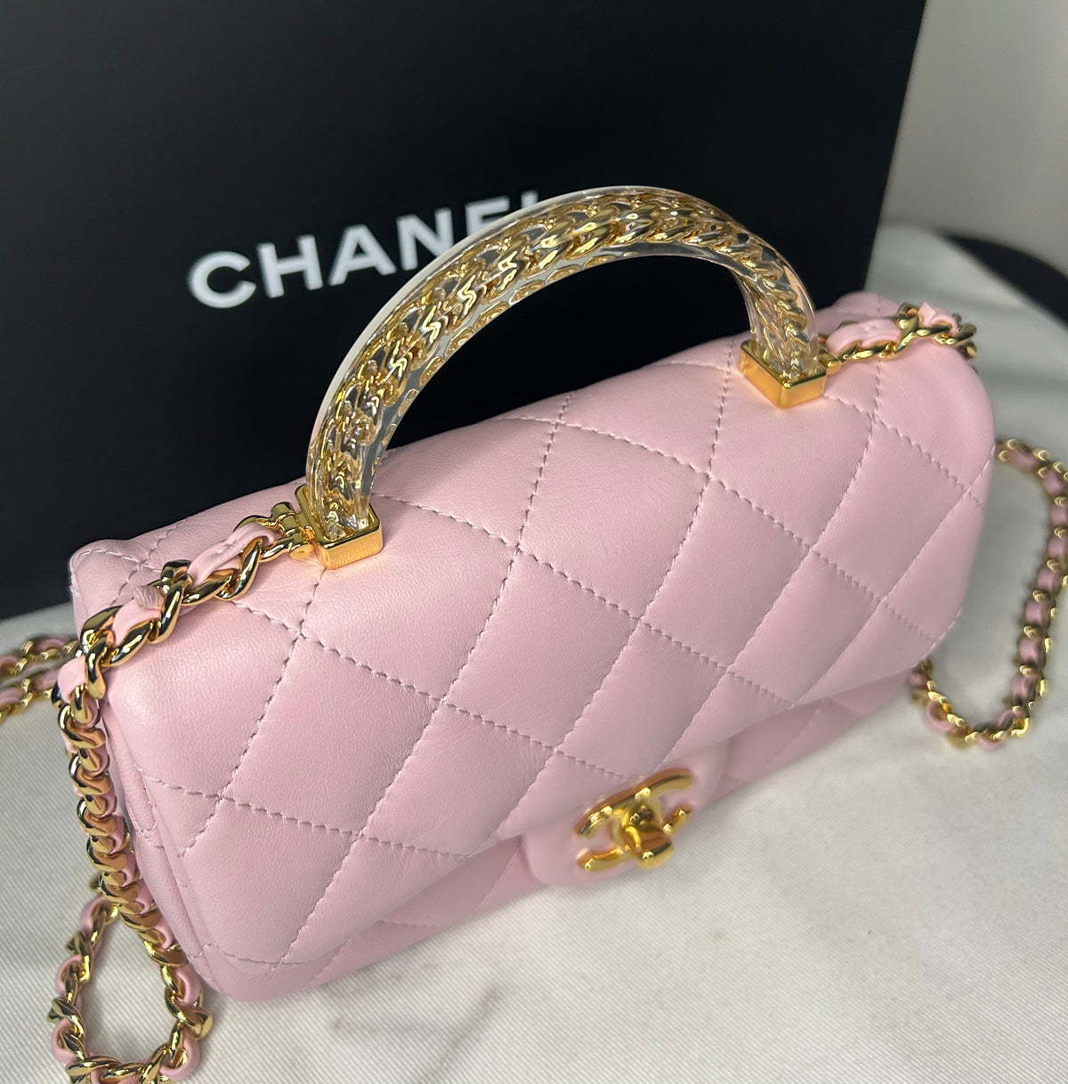 CHANEL 24S Mini Top Handle Flap Bag Quilted Lambskin Rose Light Pink