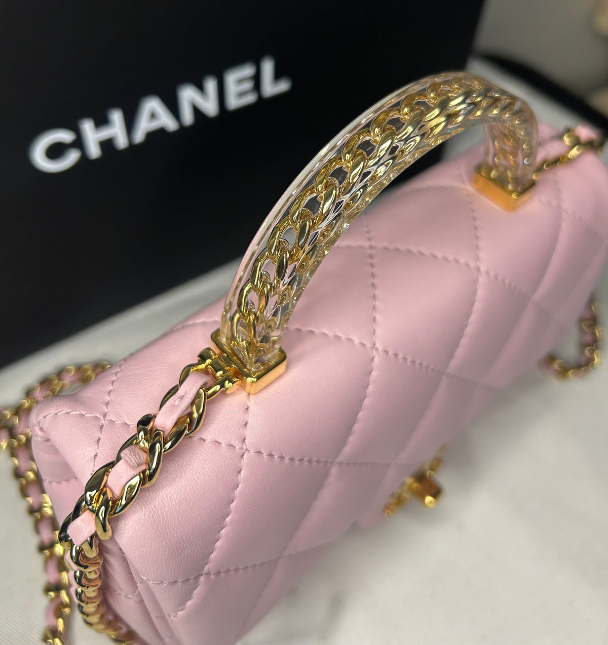CHANEL 24S Mini Top Handle Flap Bag Quilted Lambskin Rose Light Pink