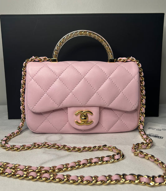 CHANEL 24S Mini Top Handle Flap Bag Quilted Lambskin Rose Light Pink