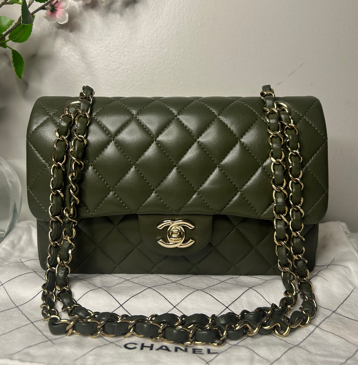 CHANEL Small Classic Double Flap Lambskin Quilted Handbag Olive / Gold Hardware