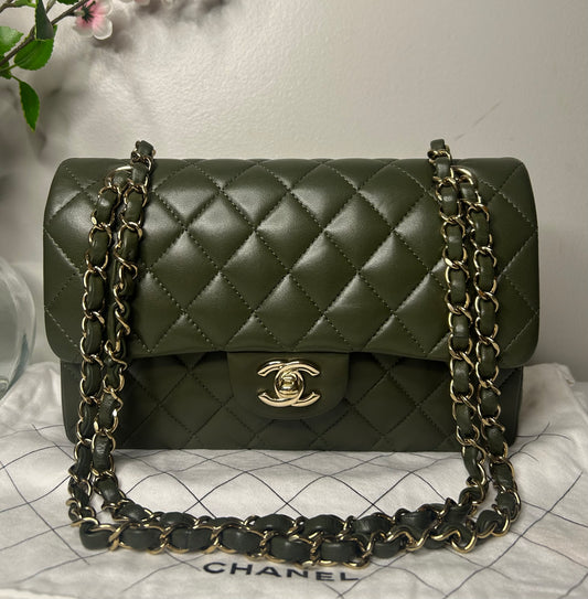 CHANEL Small Classic Double Flap Lambskin Quilted Handbag Olive / Gold Hardware