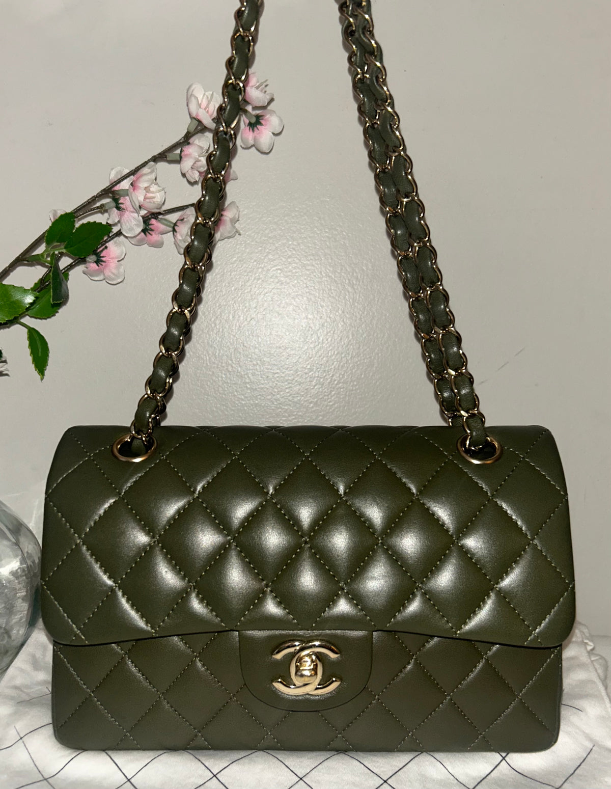 CHANEL Small Classic Double Flap Lambskin Quilted Handbag Olive / Gold Hardware