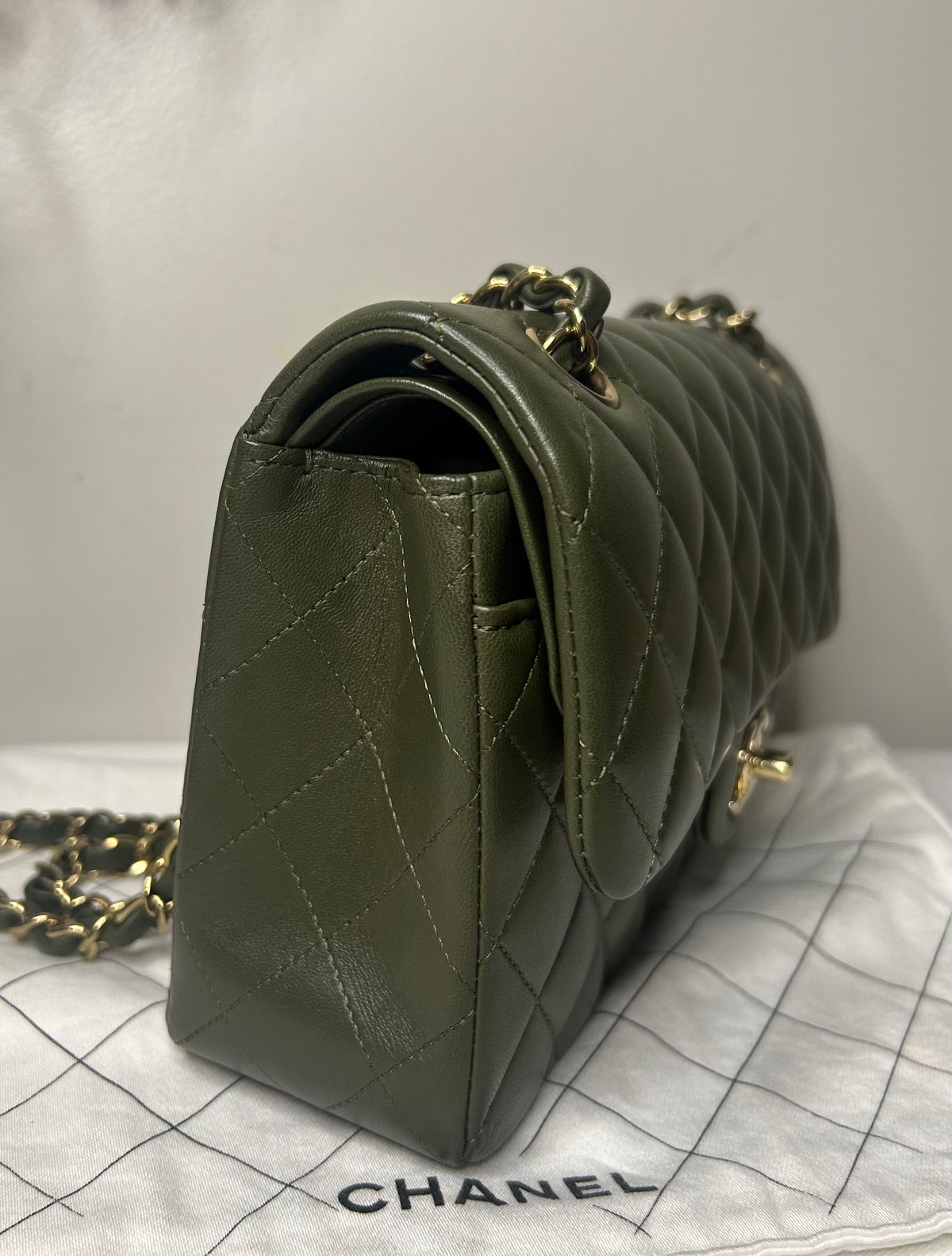 CHANEL Small Classic Double Flap Lambskin Quilted Handbag Olive / Gold Hardware