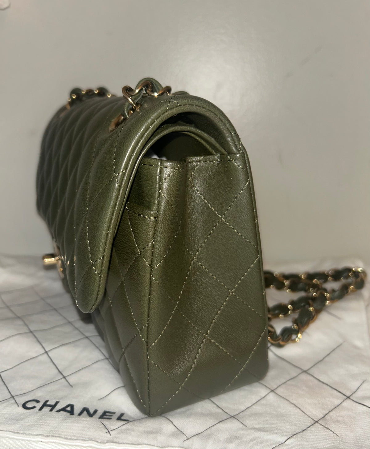 CHANEL Small Classic Double Flap Lambskin Quilted Handbag Olive / Gold Hardware