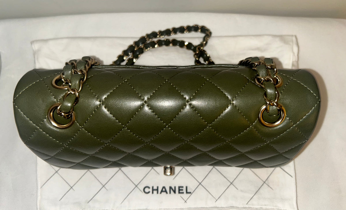 CHANEL Small Classic Double Flap Lambskin Quilted Handbag Olive / Gold Hardware