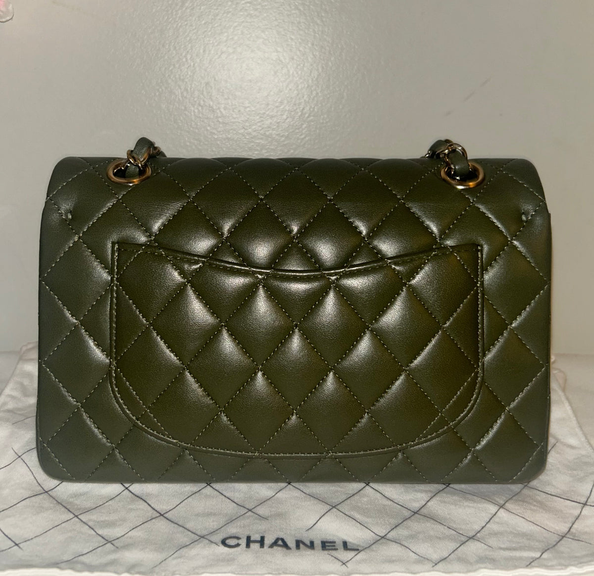 CHANEL Small Classic Double Flap Lambskin Quilted Handbag Olive / Gold Hardware