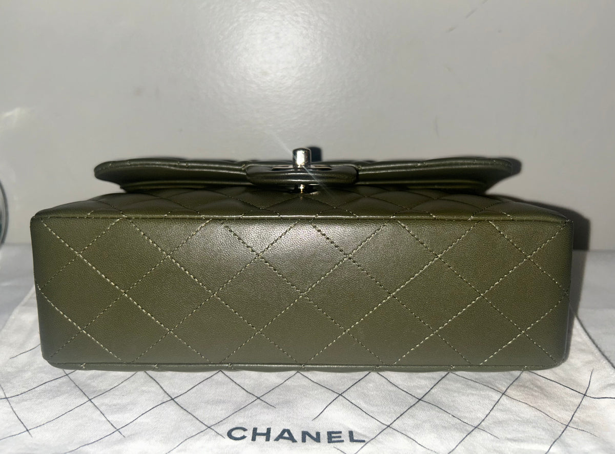 CHANEL Small Classic Double Flap Lambskin Quilted Handbag Olive / Gold Hardware