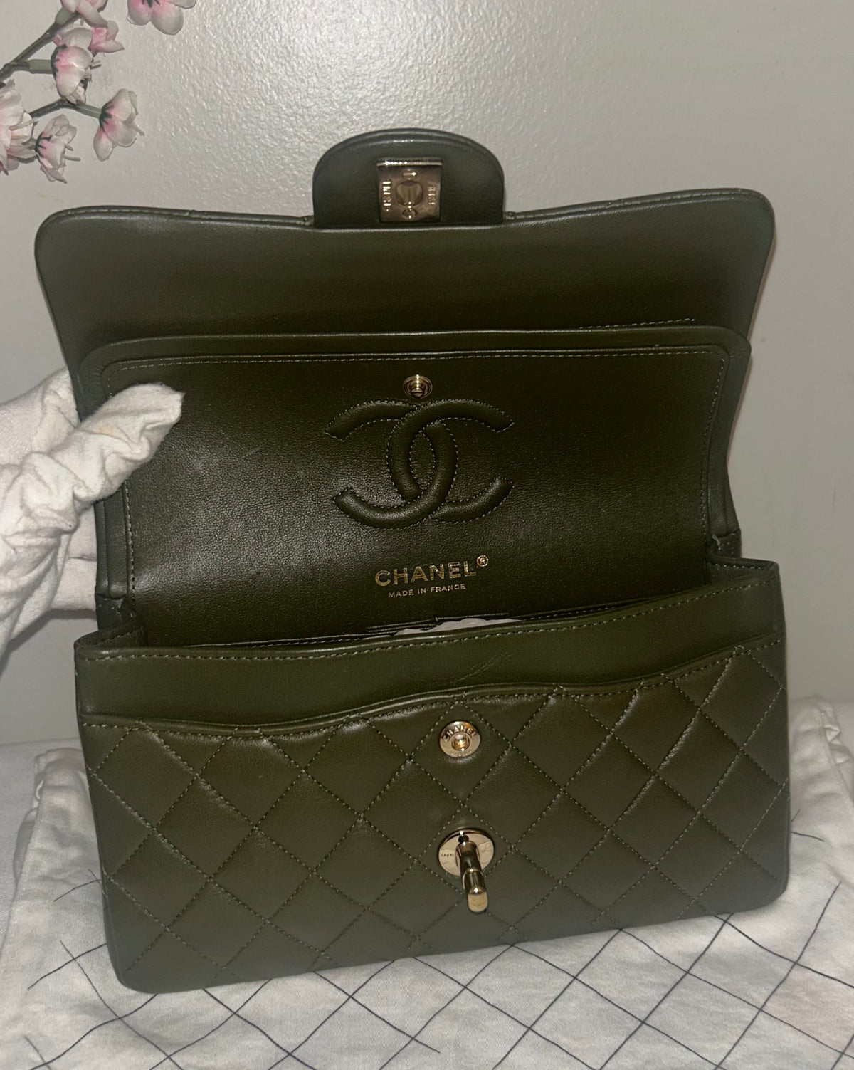 CHANEL Small Classic Double Flap Lambskin Quilted Handbag Olive / Gold Hardware