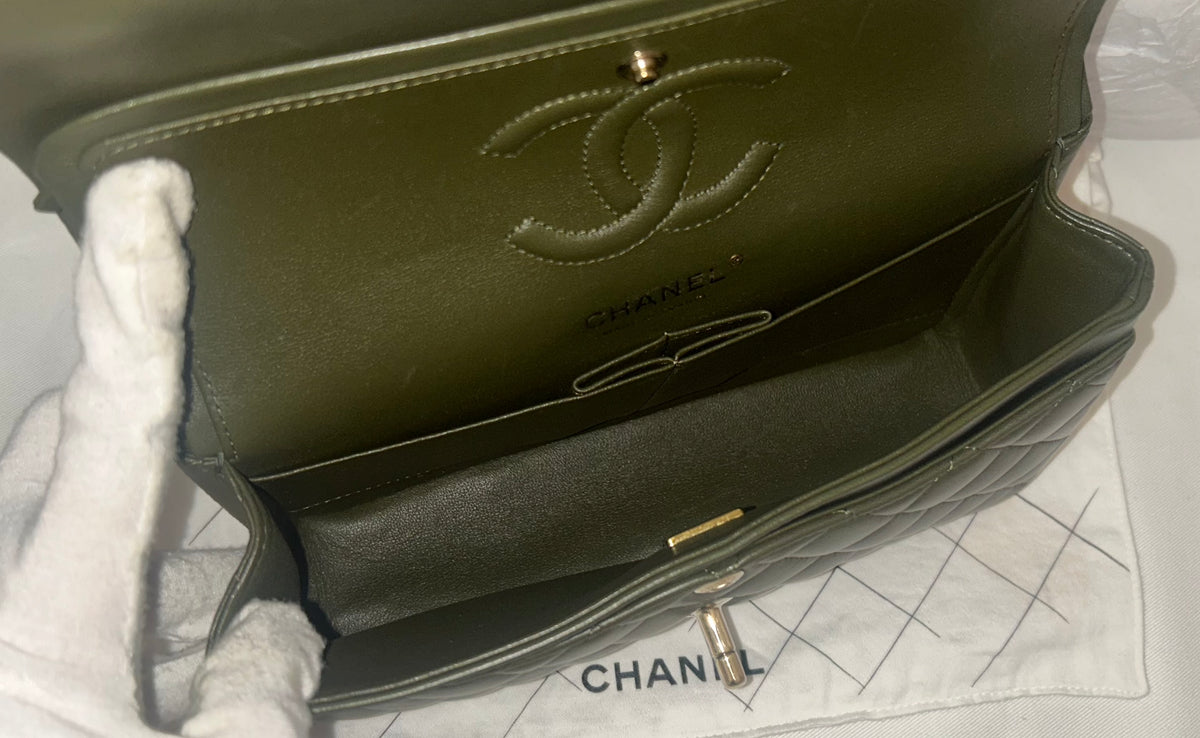 CHANEL Small Classic Double Flap Lambskin Quilted Handbag Olive / Gold Hardware
