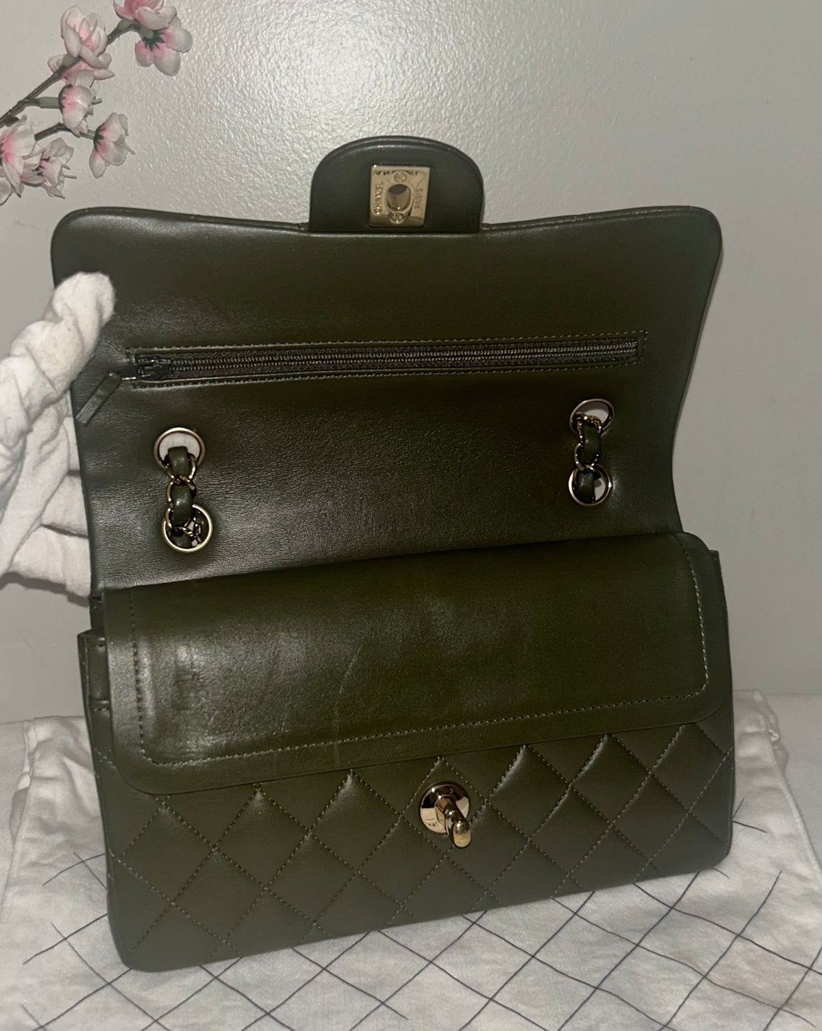 CHANEL Small Classic Double Flap Lambskin Quilted Handbag Olive / Gold Hardware
