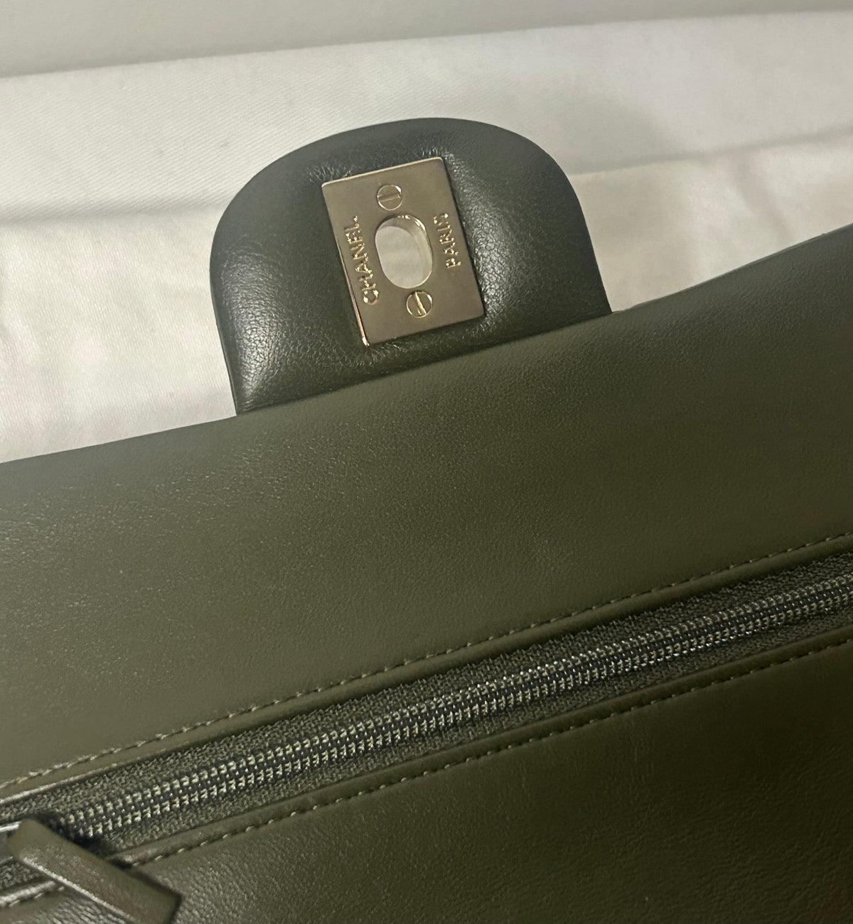 CHANEL Small Classic Double Flap Lambskin Quilted Handbag Olive / Gold Hardware
