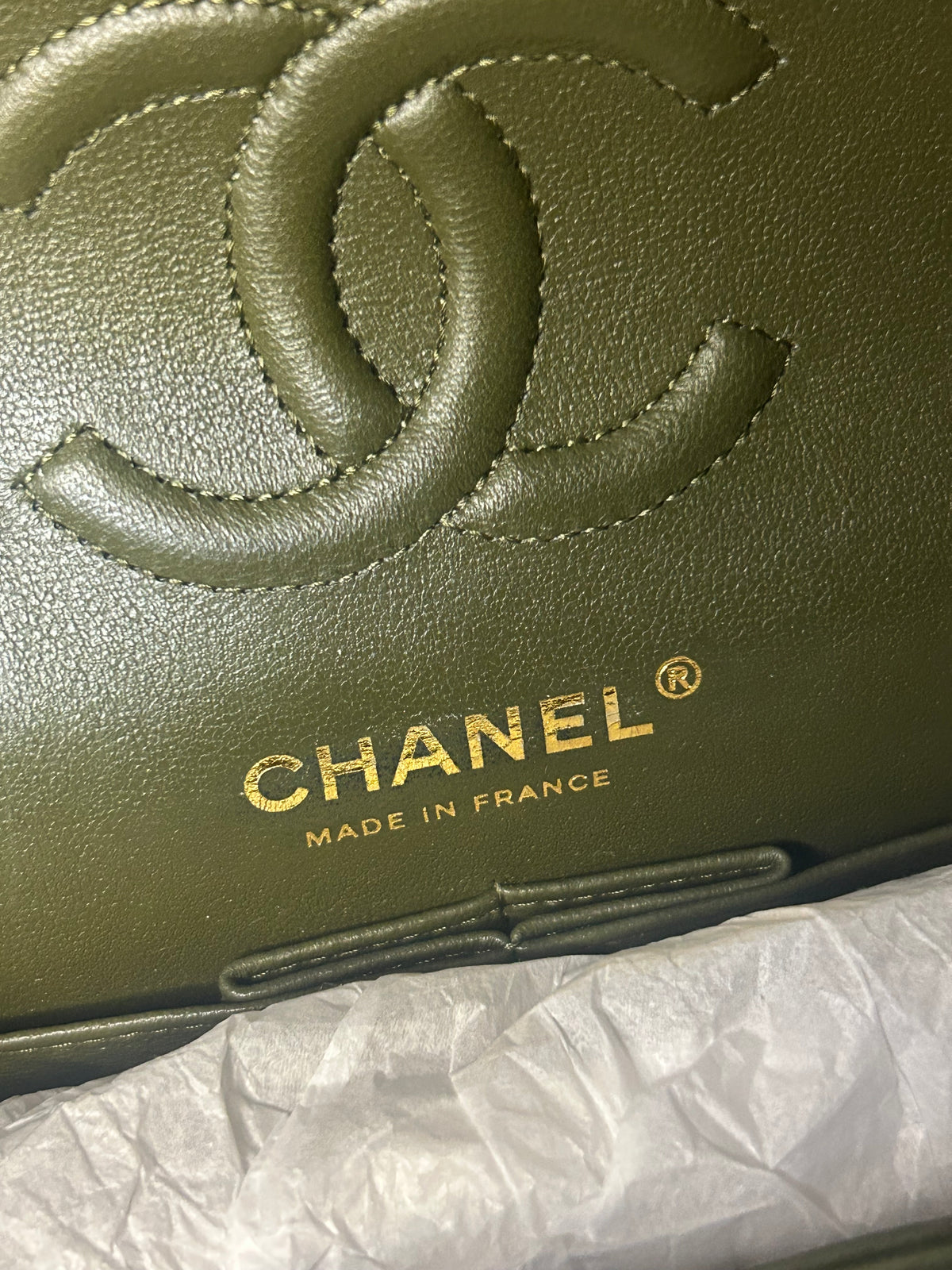 CHANEL Small Classic Double Flap Lambskin Quilted Handbag Olive / Gold Hardware
