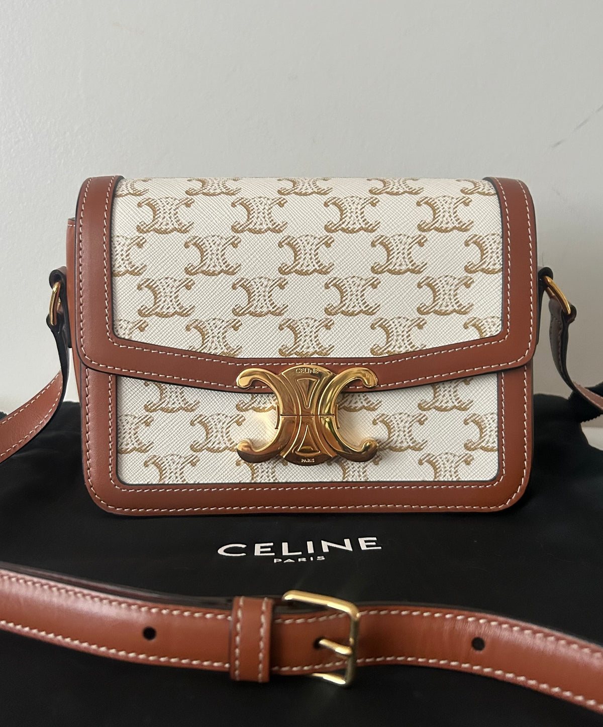 CELINE Teen Triomphe Shoulder Bag Calfskin & Coated Canvas White/Brown