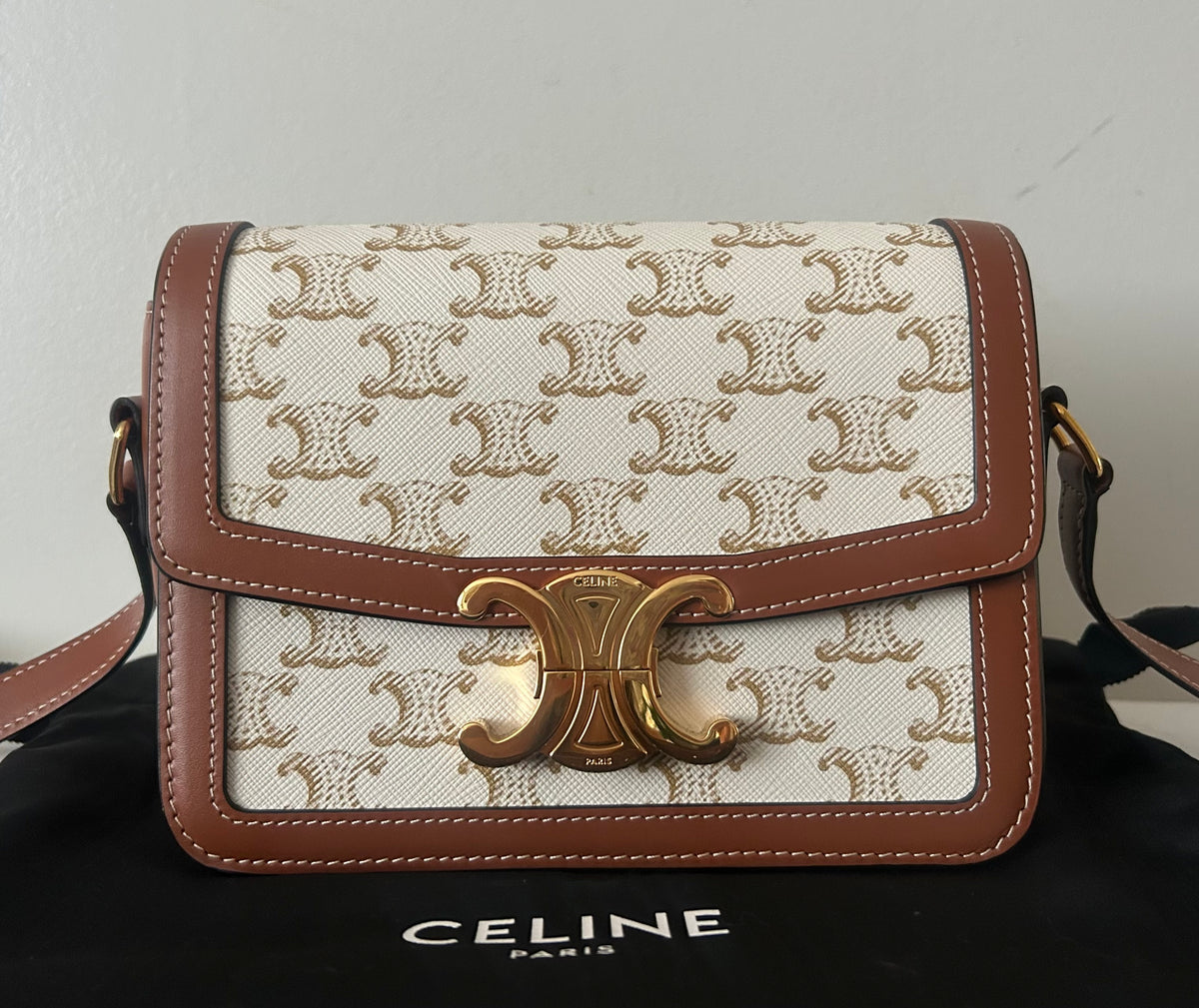CELINE Teen Triomphe Shoulder Bag Calfskin & Coated Canvas White/Brown