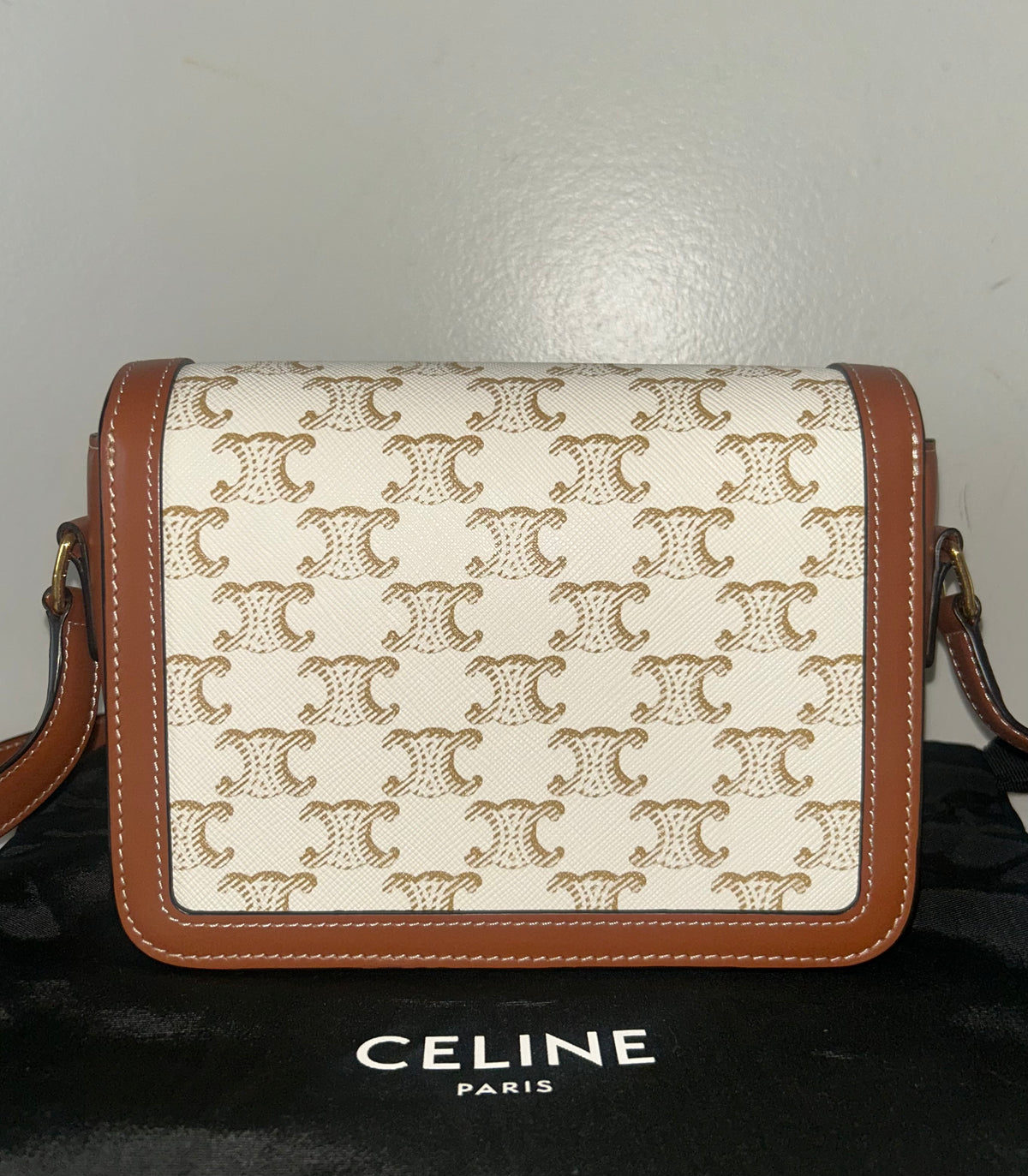 CELINE Teen Triomphe Shoulder Bag Calfskin & Coated Canvas White/Brown
