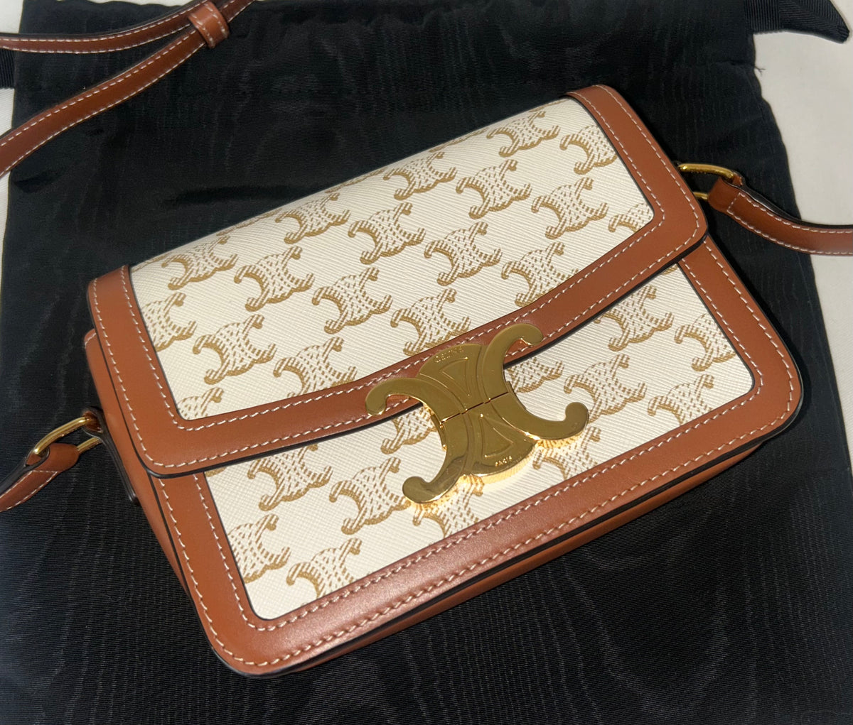 CELINE Teen Triomphe Shoulder Bag Calfskin & Coated Canvas White/Brown