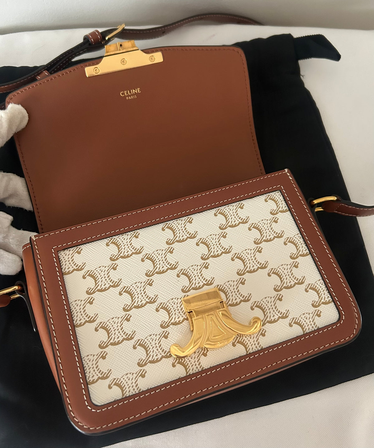 CELINE Teen Triomphe Shoulder Bag Calfskin & Coated Canvas White/Brown