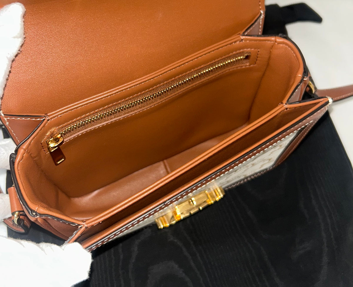 CELINE Teen Triomphe Shoulder Bag Calfskin & Coated Canvas White/Brown
