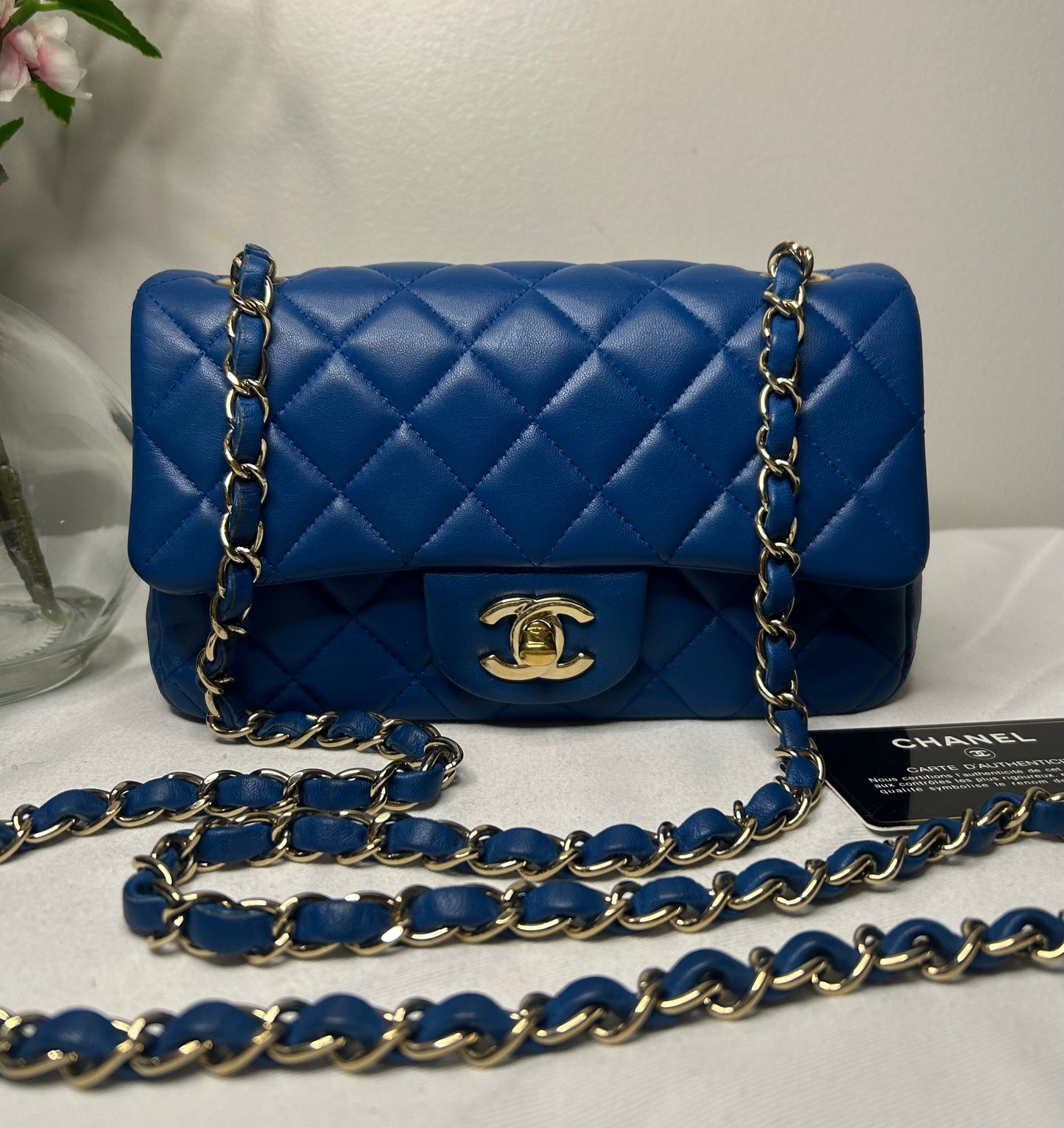 CHANEL Classic Mini Rectangular Flap Bag Quilted Lambskin Blue / Gold