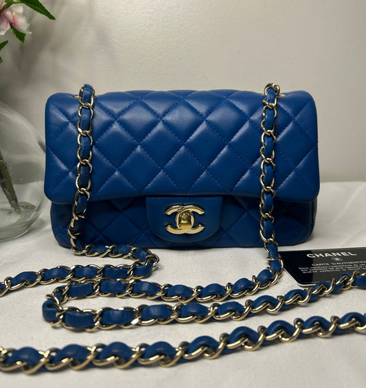 CHANEL Classic Mini Rectangular Flap Bag Quilted Lambskin Blue / Gold