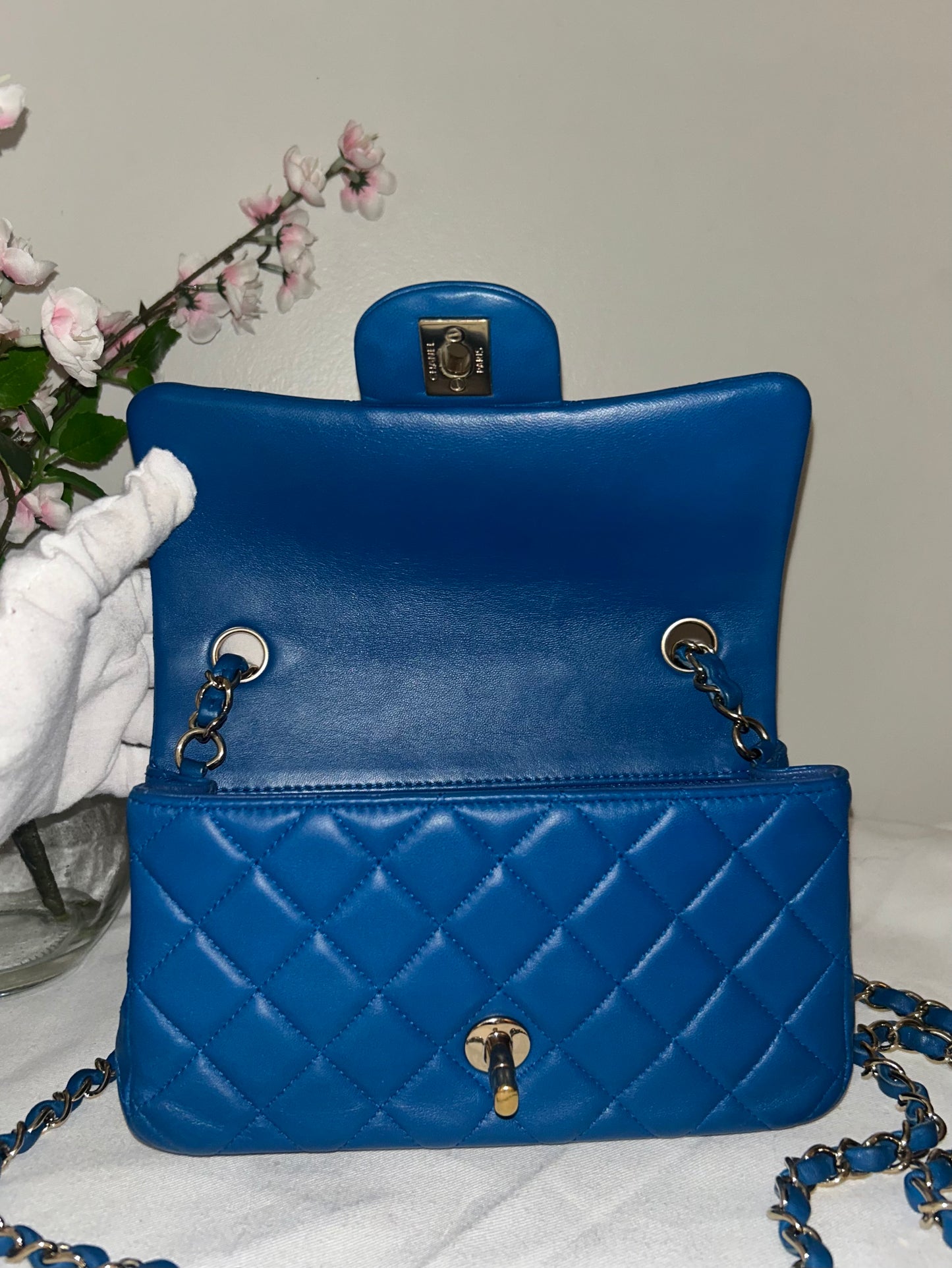 CHANEL Classic Mini Rectangular Flap Bag Quilted Lambskin Blue / Gold