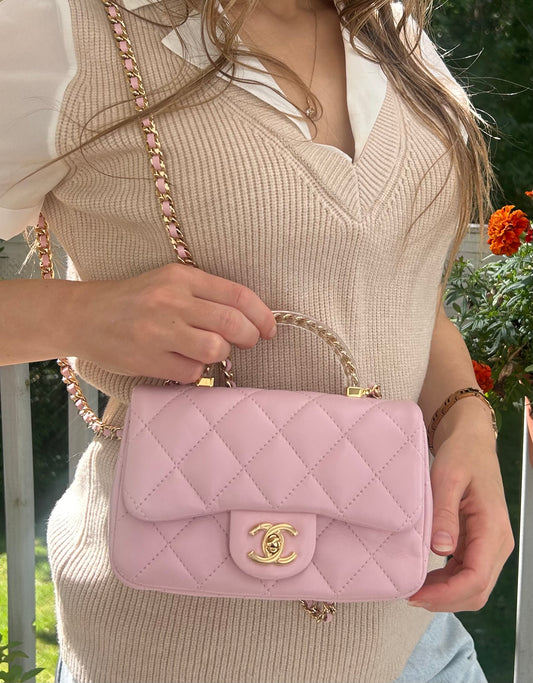 CHANEL 24S Mini Top Handle Flap Bag Quilted Lambskin Rose Light Pink