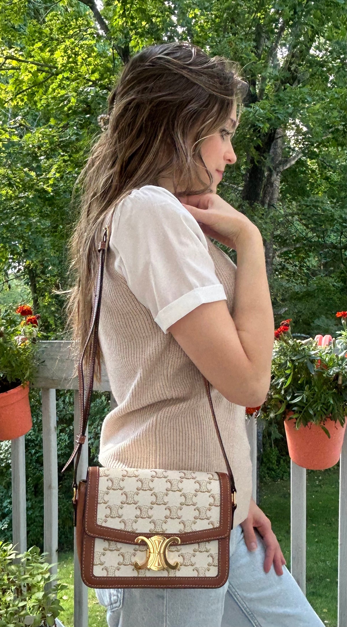 CELINE Teen Triomphe Shoulder Bag Calfskin & Coated Canvas White/Brown