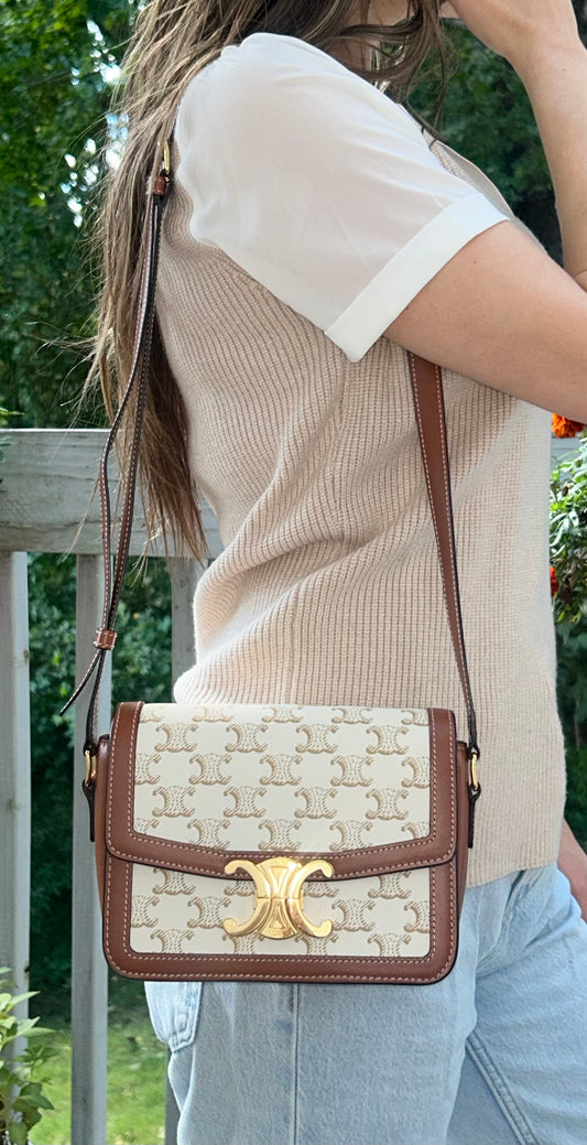 CELINE Teen Triomphe Shoulder Bag Calfskin & Coated Canvas White/Brown