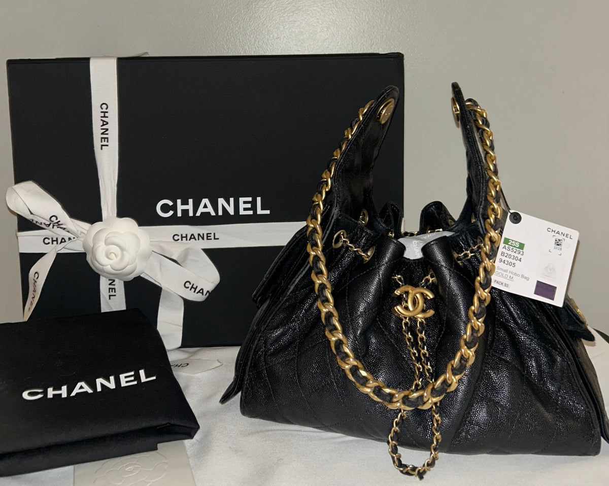 CHANEL 25 Small Hobo Quilted Caviar Leather Handbag Black