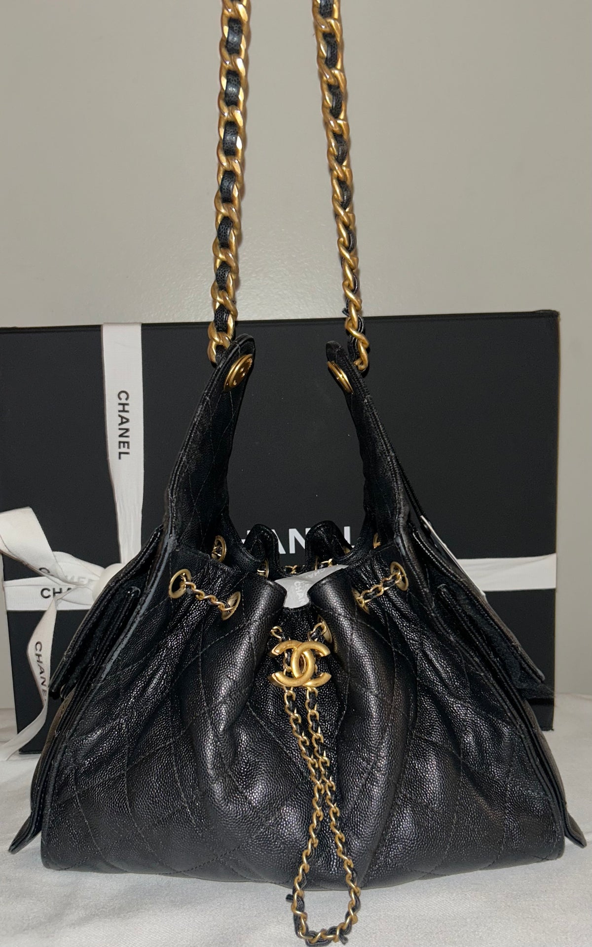 CHANEL 25 Small Hobo Quilted Caviar Leather Handbag Black