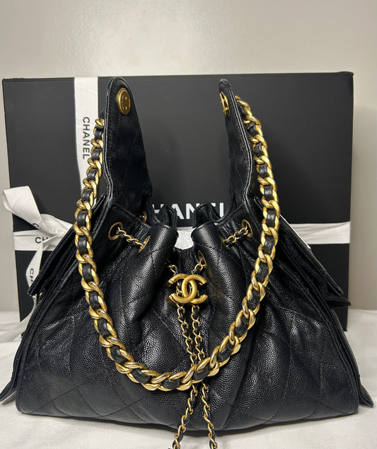 CHANEL 25 Small Hobo Quilted Caviar Leather Handbag Black