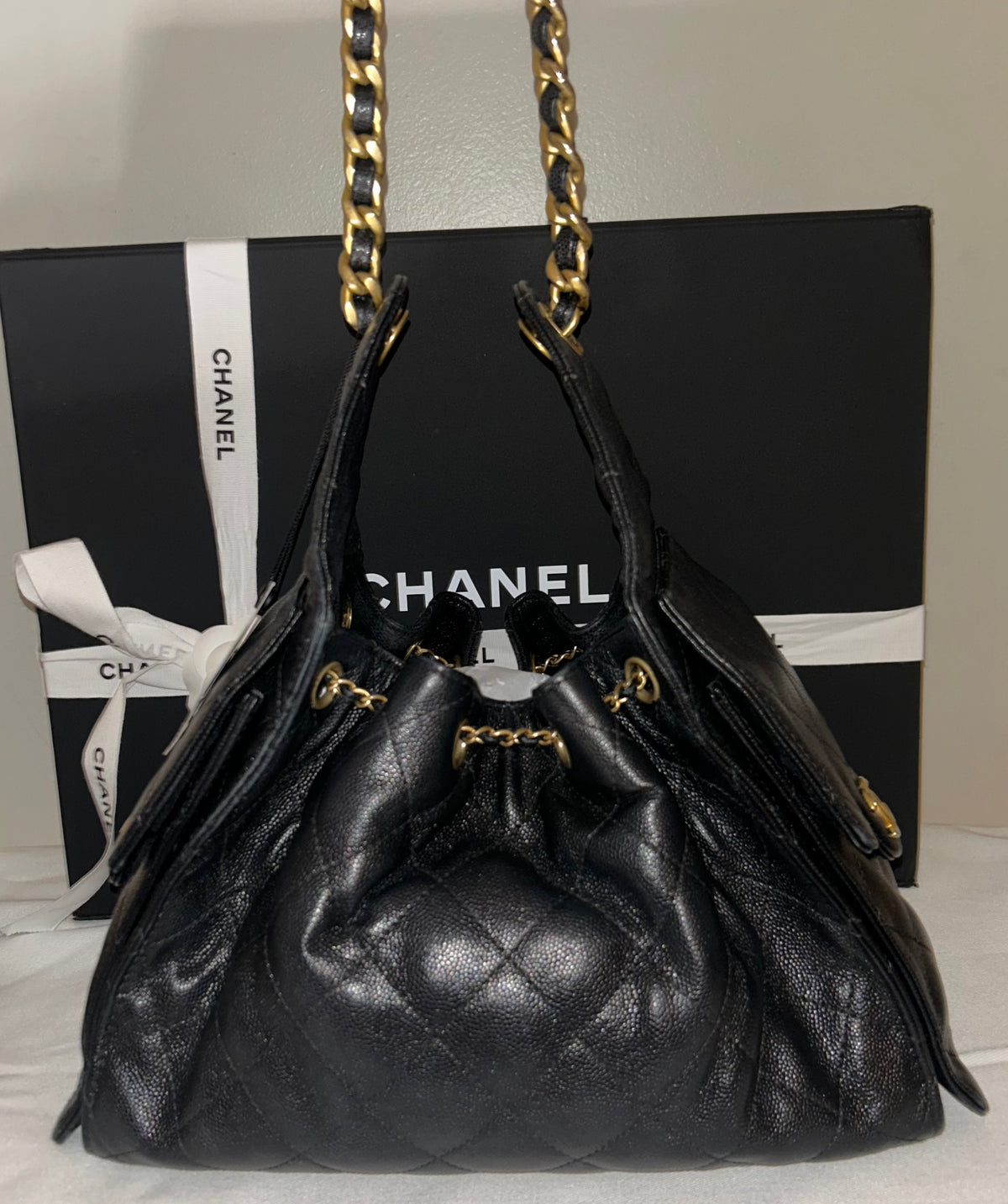 CHANEL 25 Small Hobo Quilted Caviar Leather Handbag Black