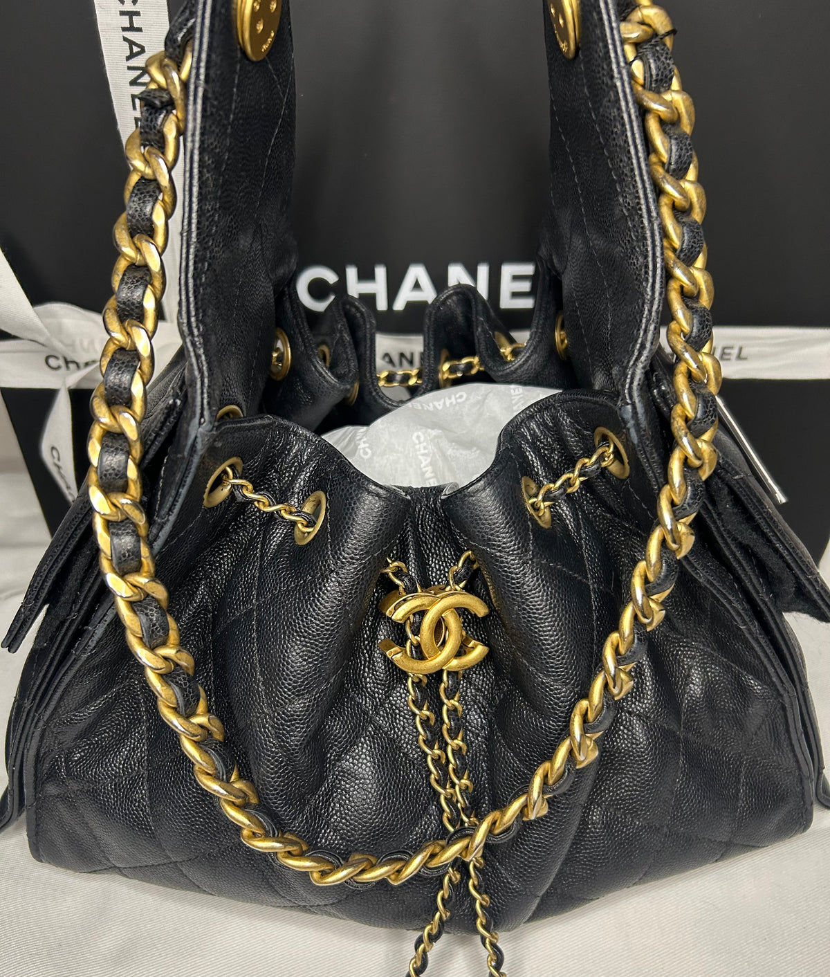 CHANEL 25 Small Hobo Quilted Caviar Leather Handbag Black