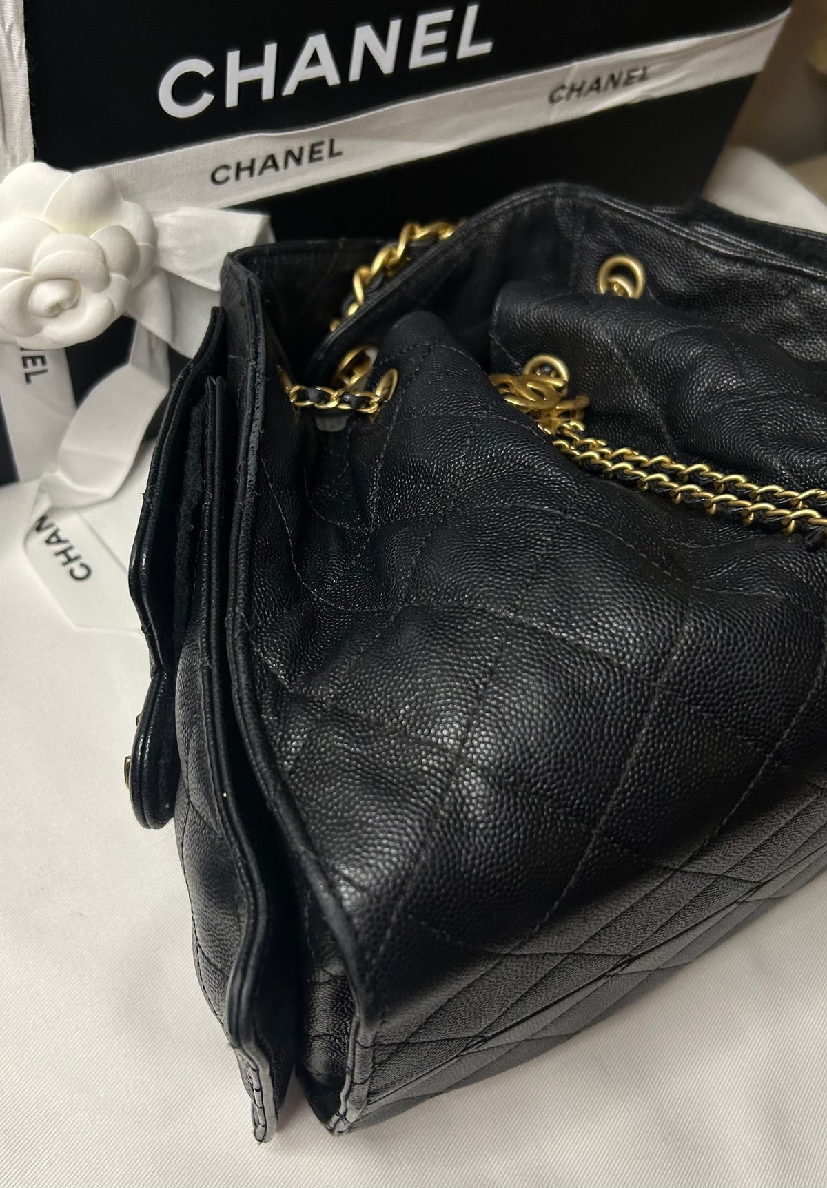 CHANEL 25 Small Hobo Quilted Caviar Leather Handbag Black