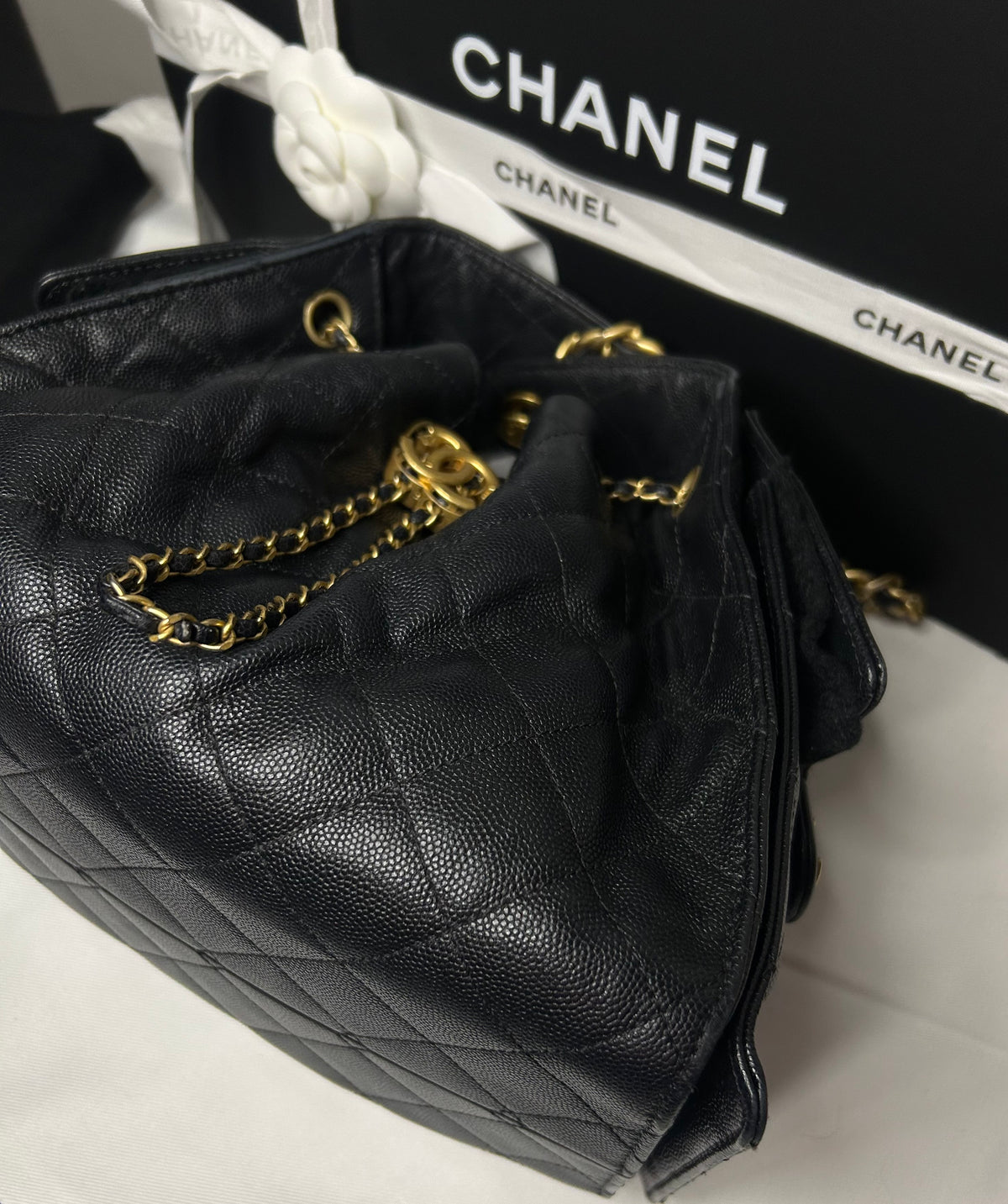 CHANEL 25 Small Hobo Quilted Caviar Leather Handbag Black