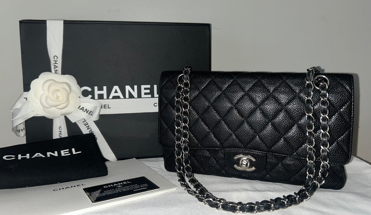CHANEL Medium Classic Double Flap Caviar Quilted Handbag Black