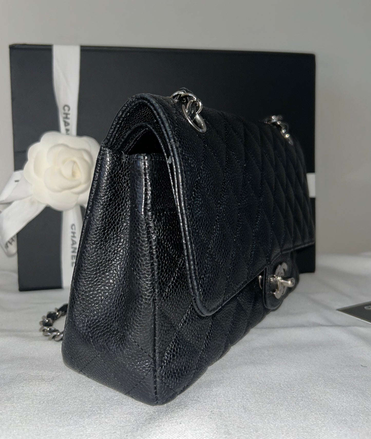 CHANEL Medium Classic Double Flap Caviar Quilted Handbag Black