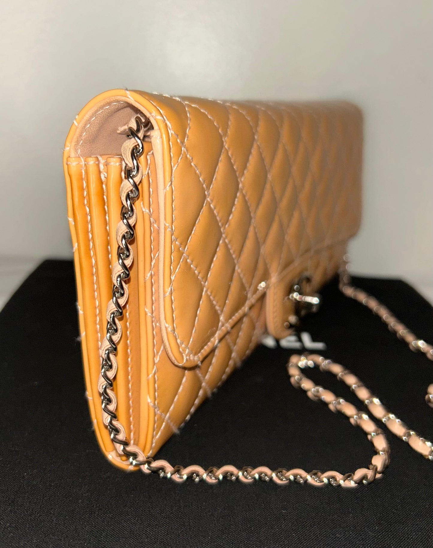 CHANEL Classic Quilted Patent Leather East West WOC Shoulder Bag Beige