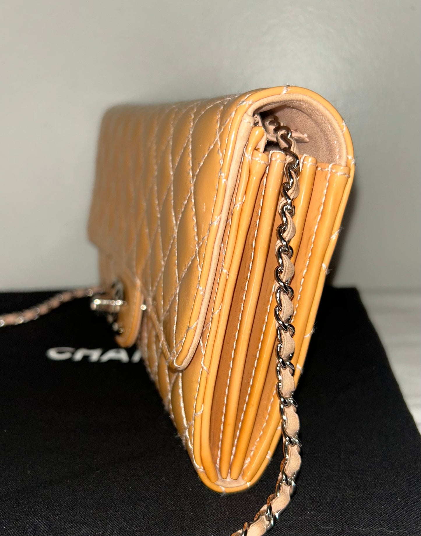 CHANEL Classic Quilted Patent Leather East West WOC Shoulder Bag Beige