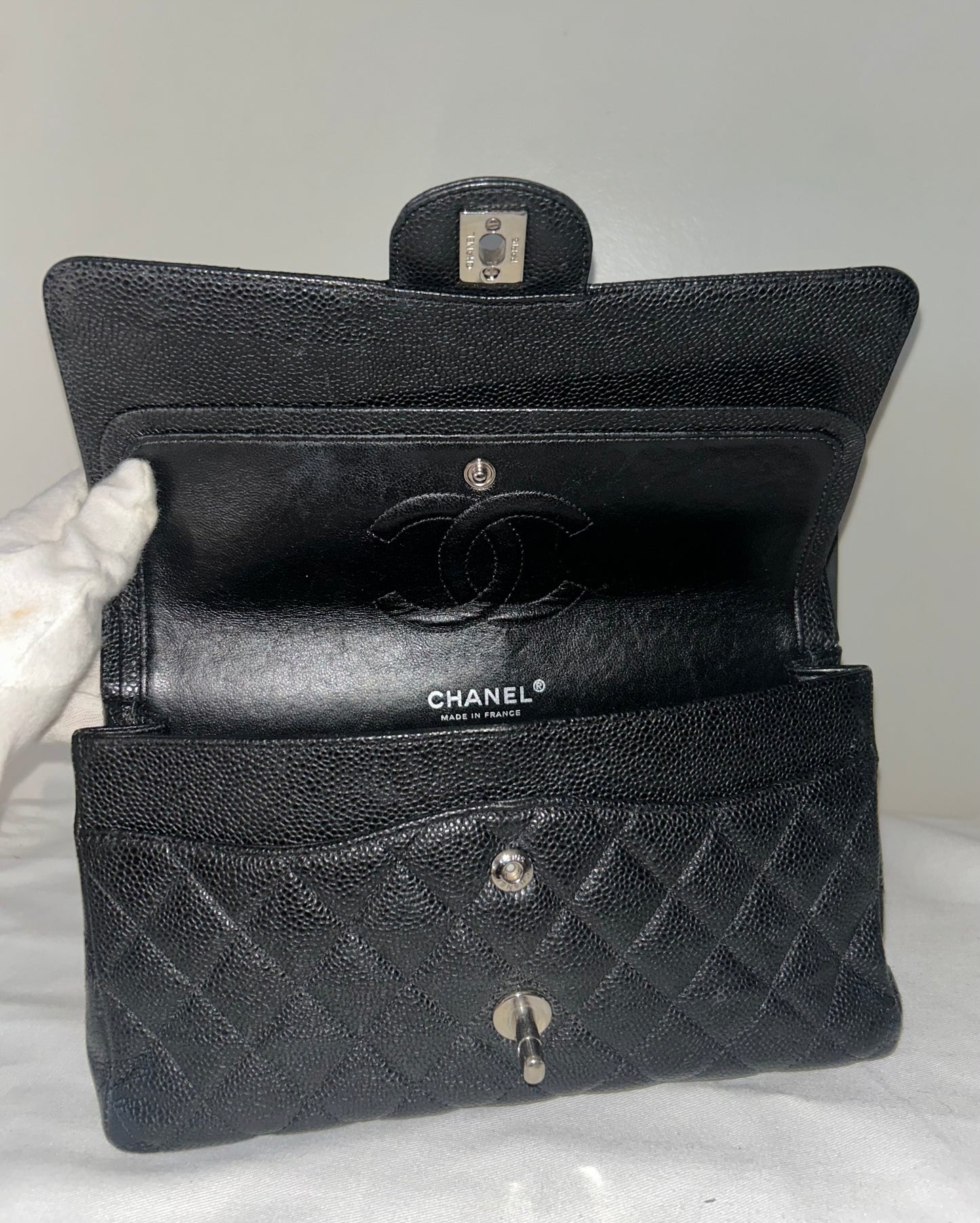 CHANEL Medium Classic Double Flap Caviar Quilted Handbag Black