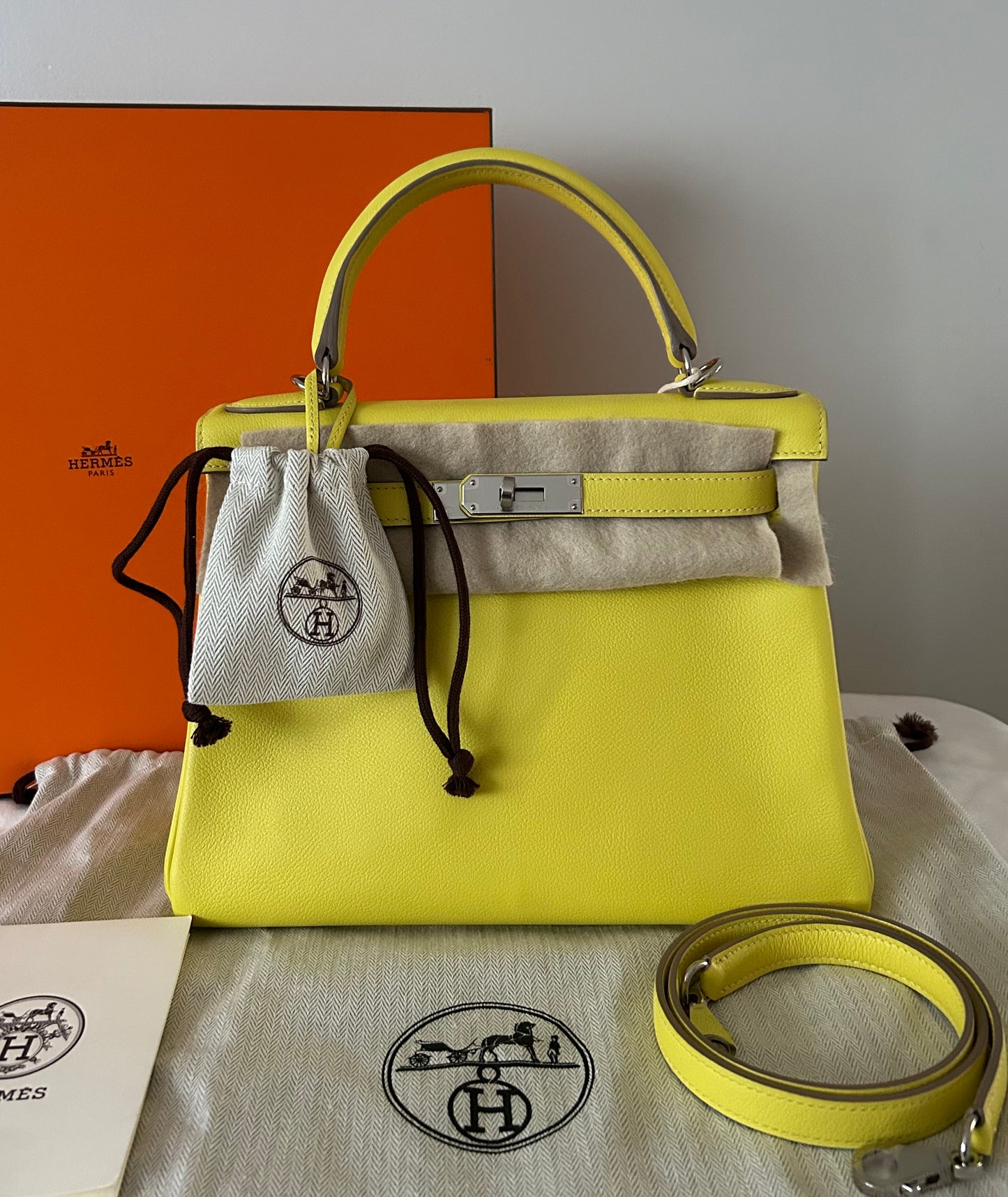 HERMÈS Kelly 28 Lime Evercolor Leather Palladium Hardware Handbag