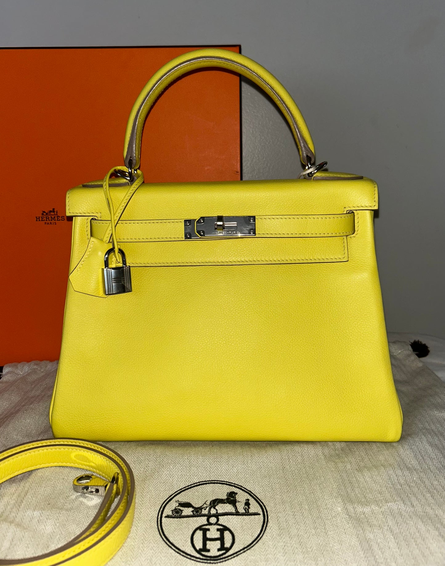 HERMÈS Kelly 28 Lime Evercolor Leather Palladium Hardware Handbag