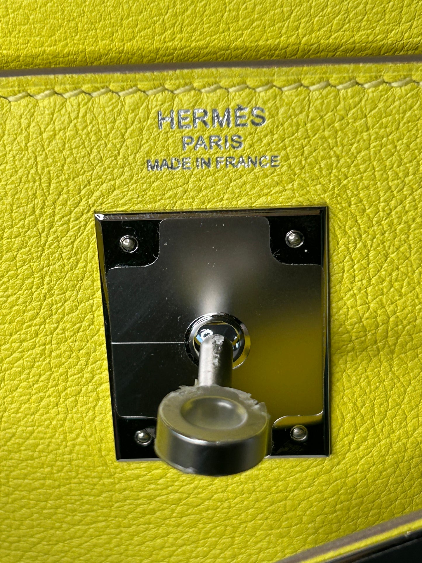 HERMÈS Kelly 28 Lime Evercolor Leather Palladium Hardware Handbag